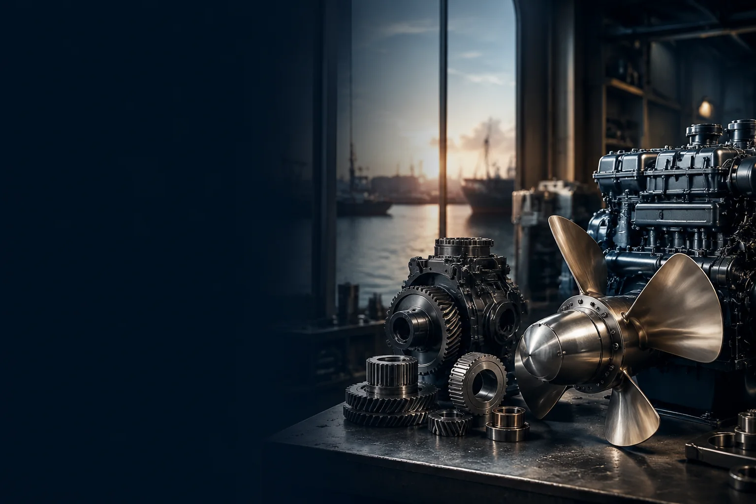 Marine propulsion components, propeller and engine in a workshop by the harbor