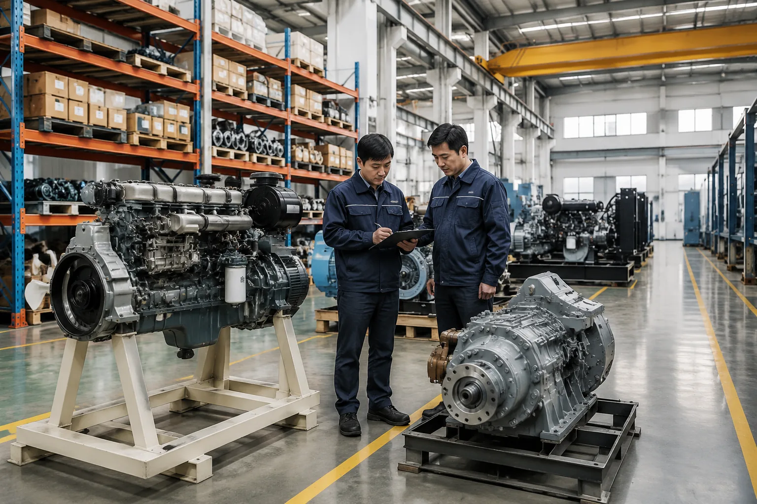 Diesel engine and marine gearbox inspection in an industrial parts warehouse