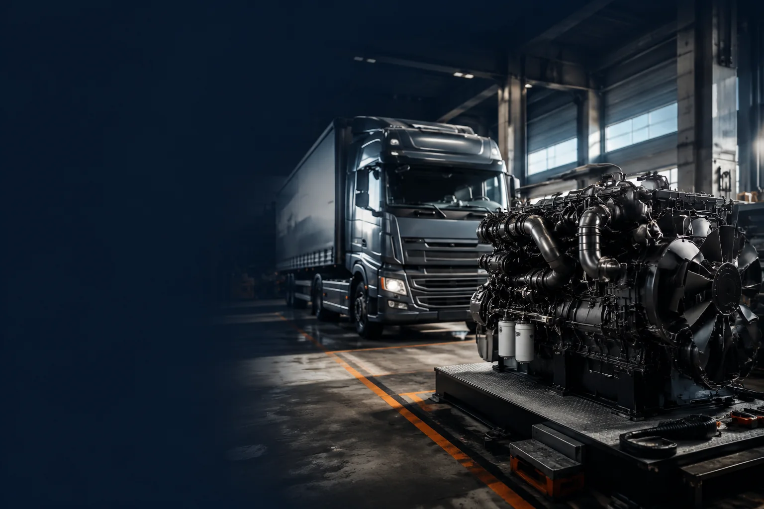Heavy-duty diesel engine and cargo truck in a service bay