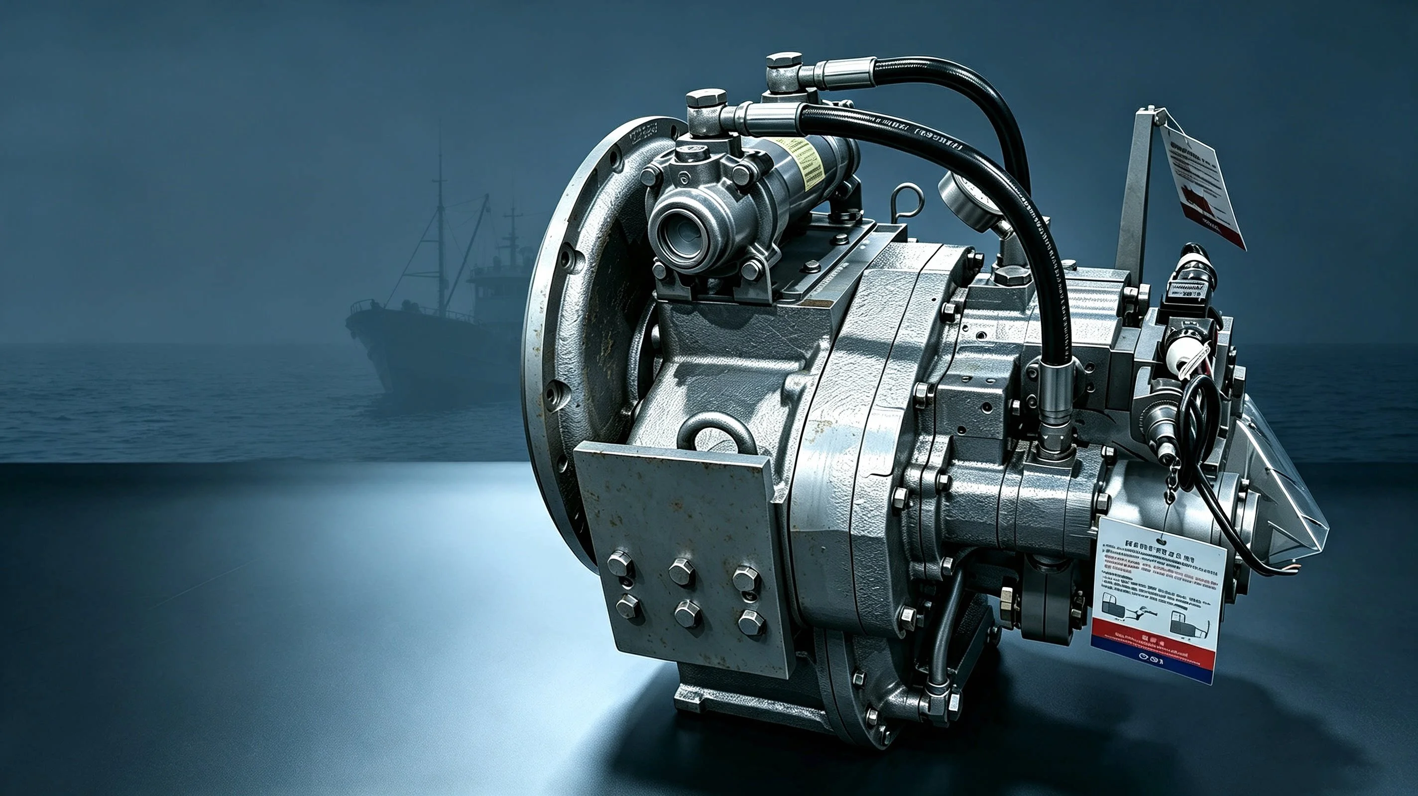 Marine gearbox and hydraulic steering gear installed aboard a commercial vessel