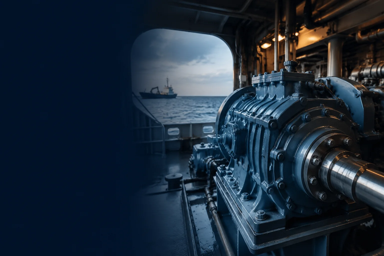 Marine gearbox and propeller shaft inside a ship engine room