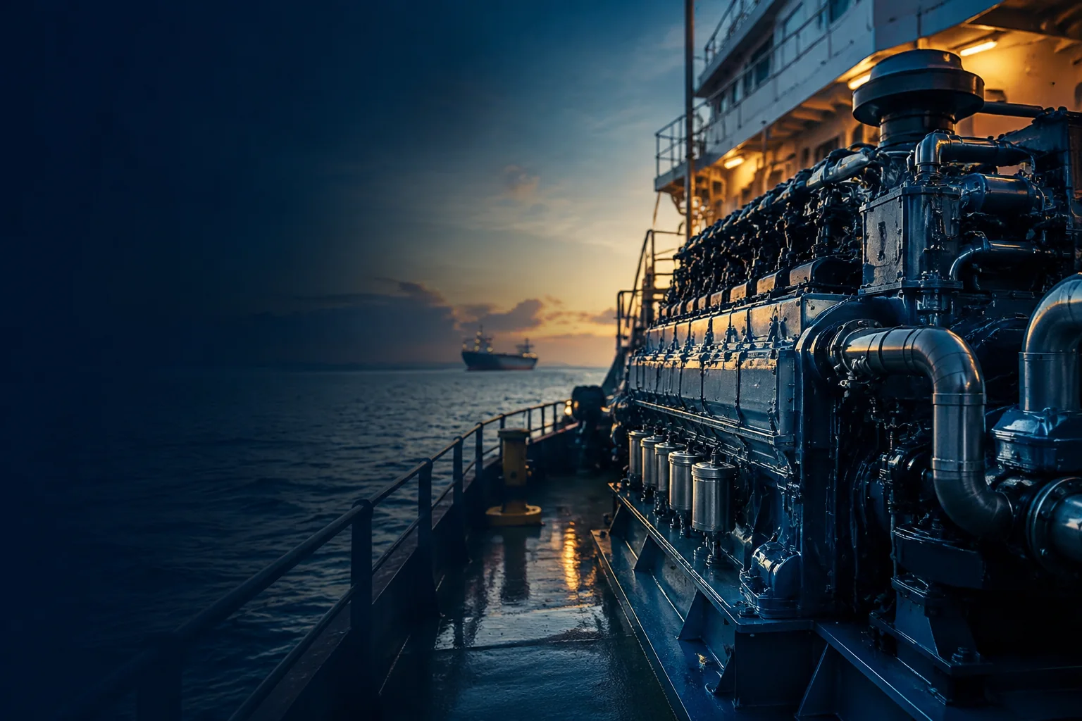 Marine diesel engine on a working vessel with a cargo ship at sea