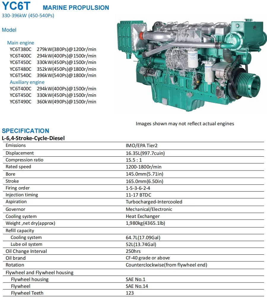 Yuchai Marine Engine, Yc6t540c, 1800rpm, 540HP, Mechanical Fuel Injection Pump