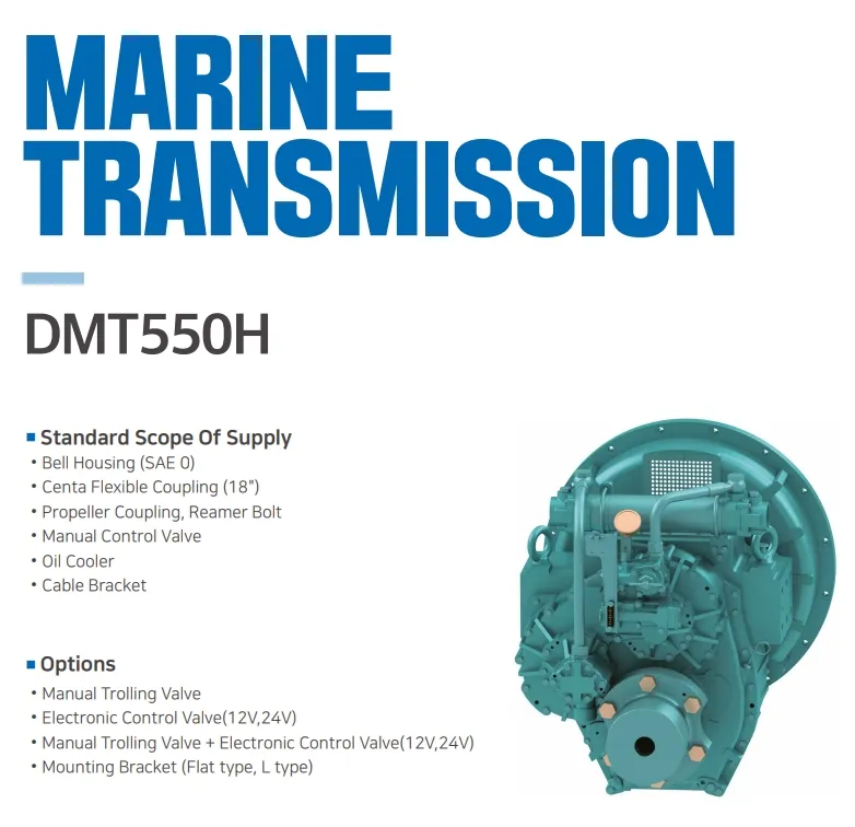 Dmt550h Korea D-I Heavy Marine Transmission Gearbox, High-Performance China Di Gearbox Ratio 1.43/1.64/1.81/2.03/2.33/2.6/2.91with Centa Flexible Coupling