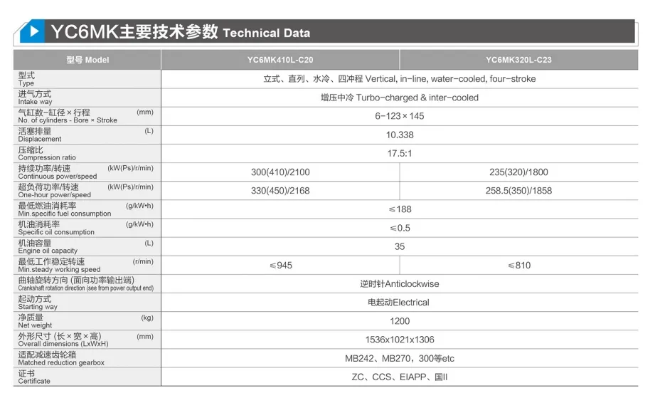 China Yuchai Marine Engine Yc6mk for Efficient Vessel Diesel Engine 260/280/300/320/330/350/410HP, 1500rpm/1800rpm/2100rpm